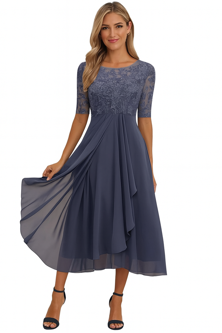 Dorthe | Dame A-line Midi Sommerkjole Med Rund Hals Og Blondeoverdel