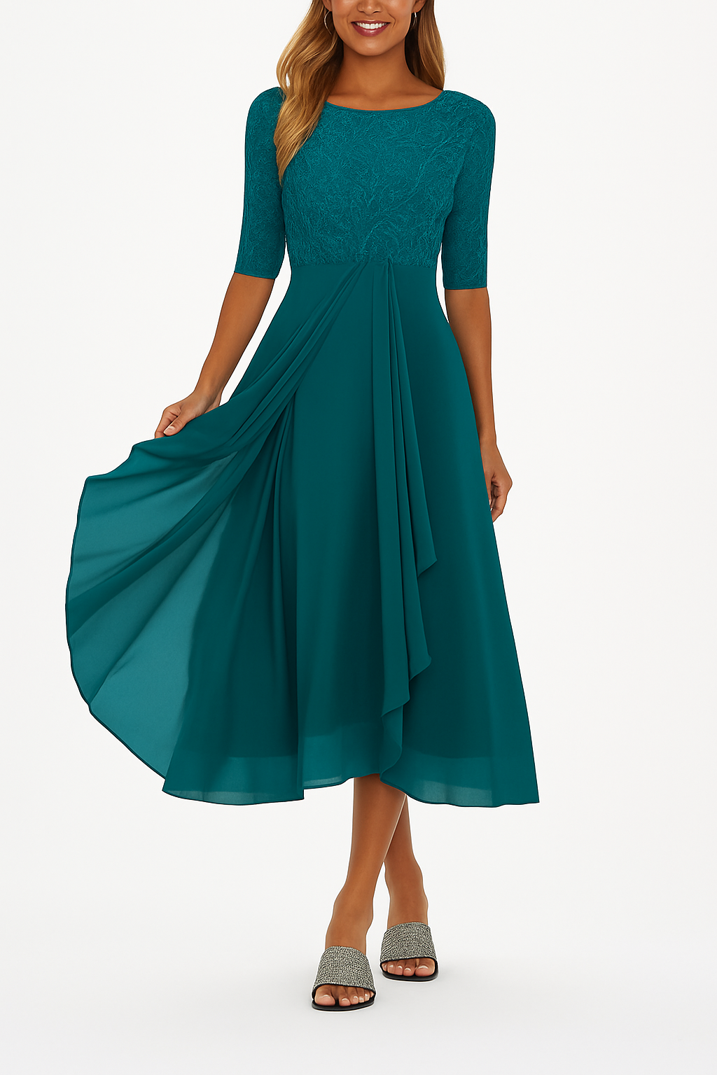 Dorthe | Dame A-line Midi Sommerkjole Med Rund Hals Og Blondeoverdel