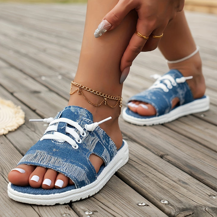 Tove | Kvinders Sandaler Sommer Denim Flade Slip-On Frynser