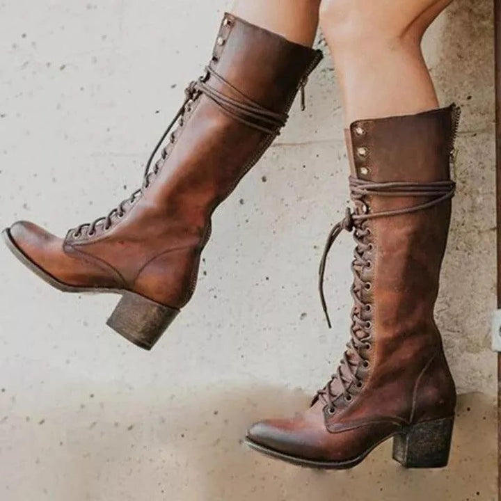 Knee High Lace-Up Leather Boots with Block Heel