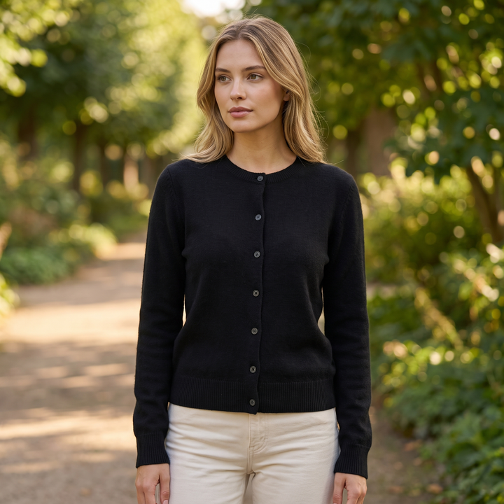 Ella | Dame Strikket Cardigan Med Rund Hals Og Knaplukning