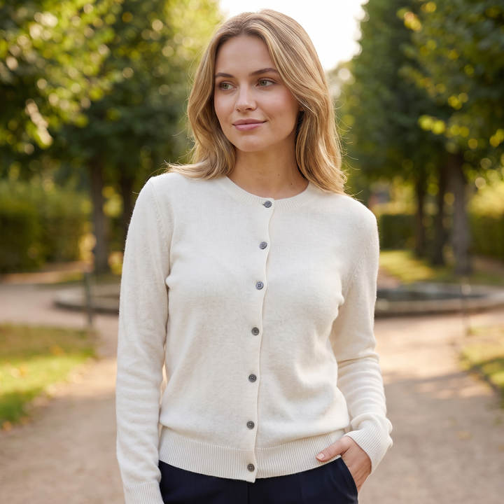 Ella | Dame Strikket Cardigan Med Rund Hals Og Knaplukning