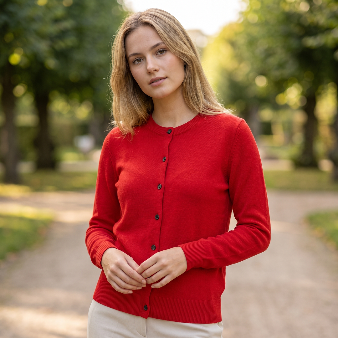 Ella | Dame Strikket Cardigan Med Rund Hals Og Knaplukning
