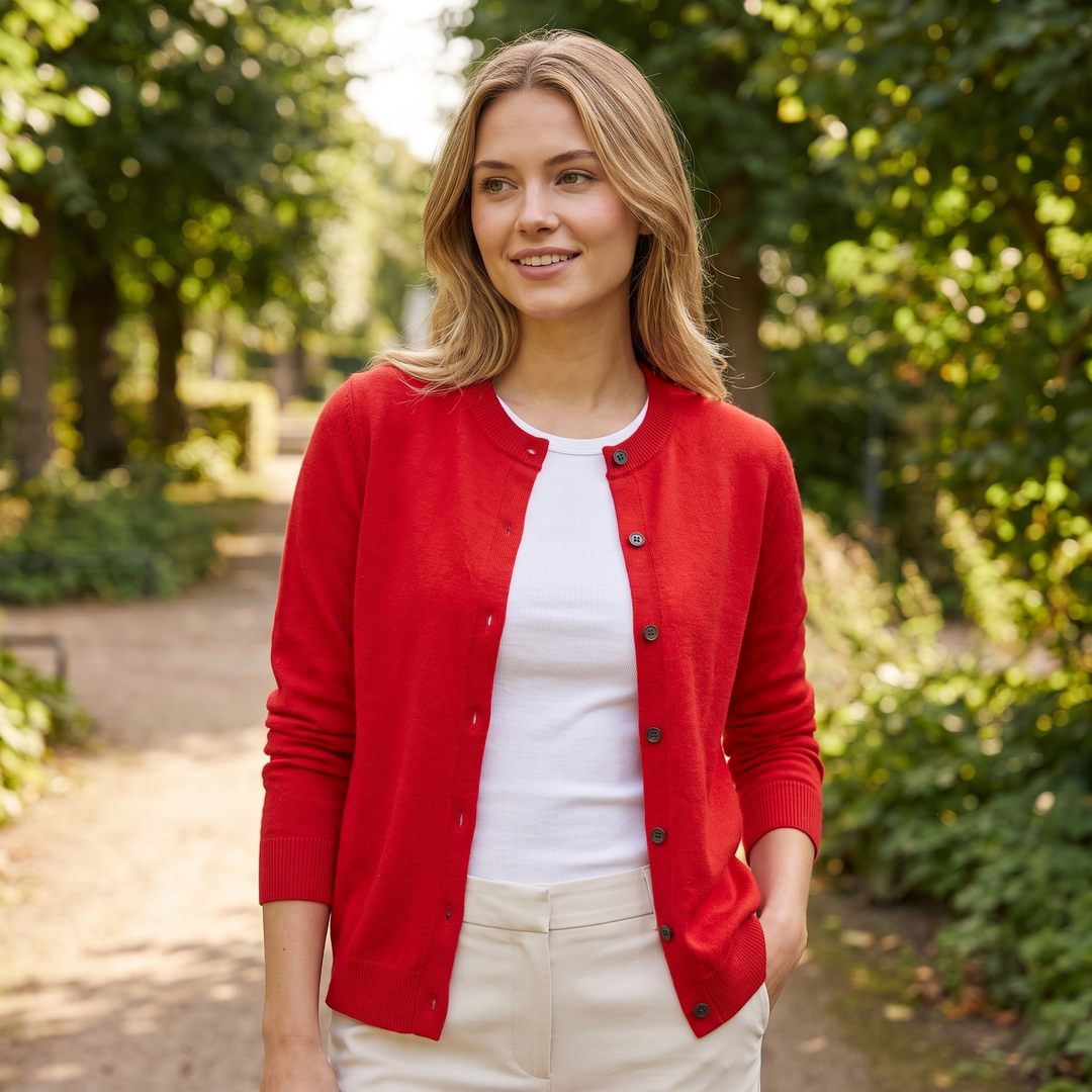 Ella | Dame Strikket Cardigan Med Rund Hals Og Knaplukning