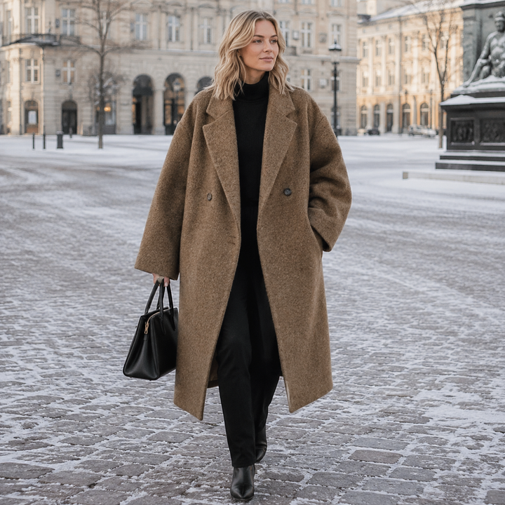 Camilla | Dame Oversized Vinterfrakke Med Reverskrave Og Dobbeltradet Knaplukning