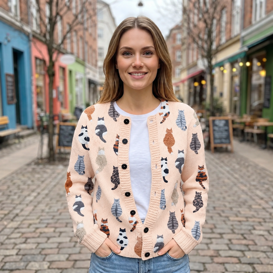 Karen | Dame Strikket Cardigan Med Kattemotiv Og Knaplukning