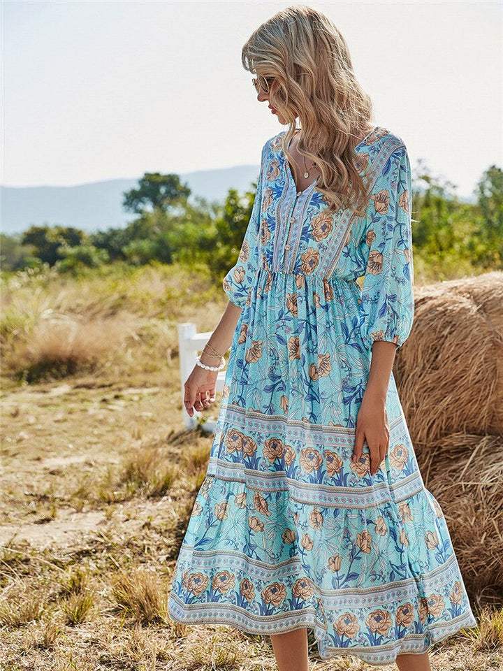 Filippa | Dame Midikjole Sommer Blomsterprint 3/4 Ærmer V-Hals