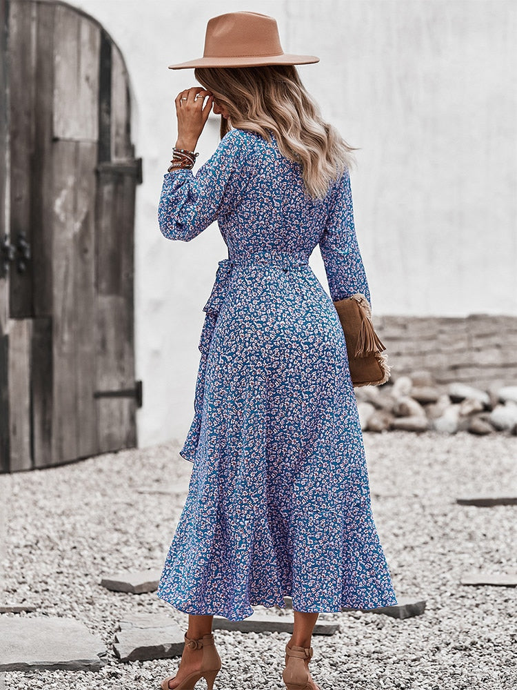 Gudrun | Dame Midikjole Sommer Blomsterprint V-Hals Bindebånd