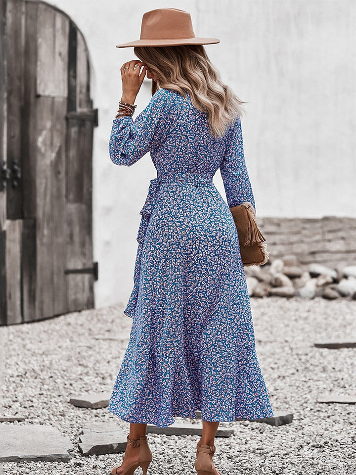 Maja | Dame Blomsterprint Midi Kjole Med Lange Ærmer Og Bindebånd