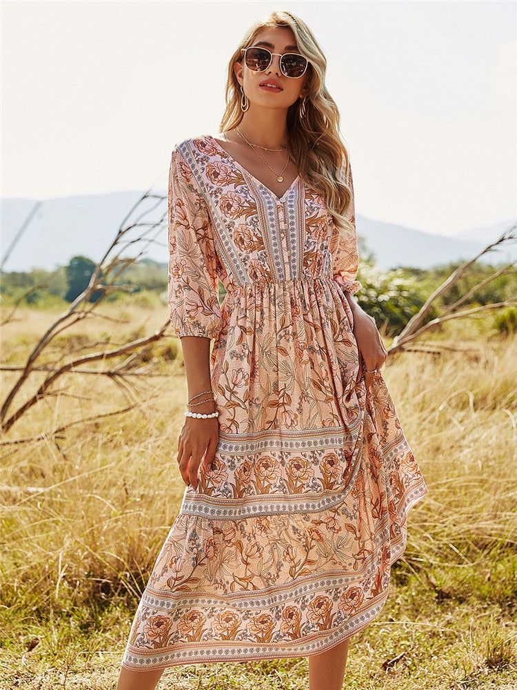 Filippa | Dame Midikjole Sommer Blomsterprint 3/4 Ærmer V-Hals