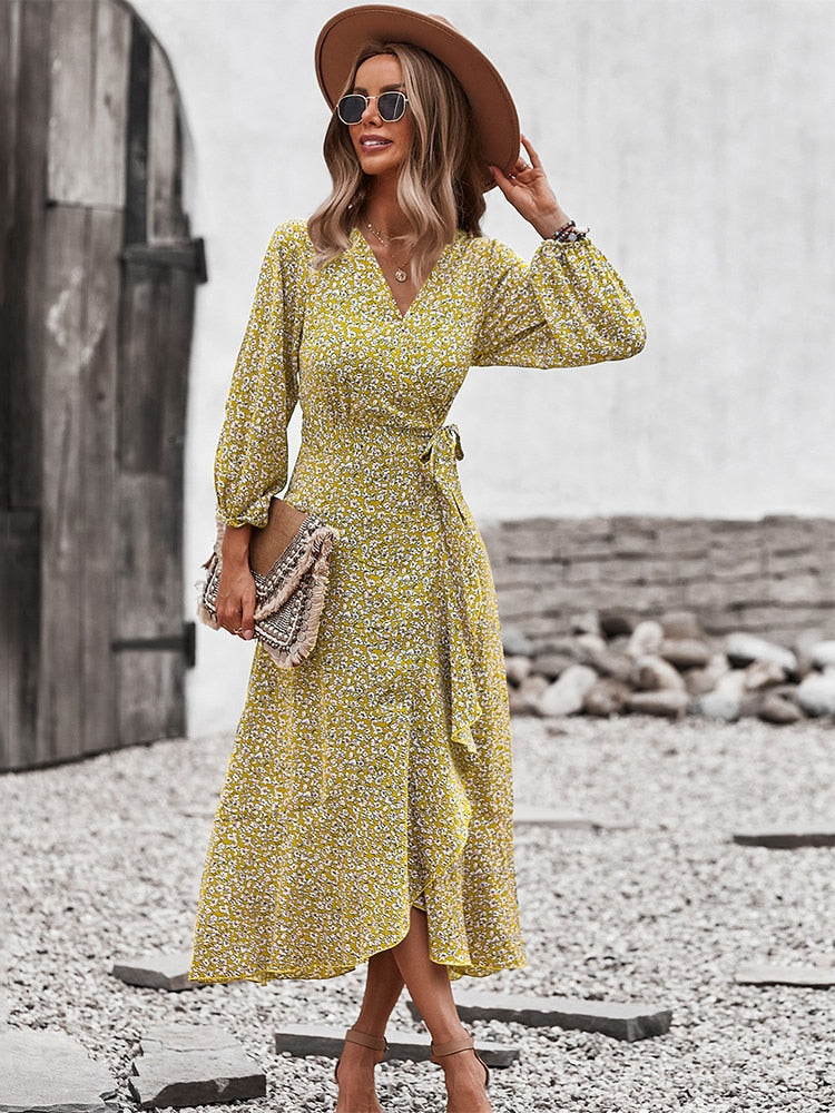 Gudrun | Dame Midikjole Sommer Blomsterprint V-Hals Bindebånd
