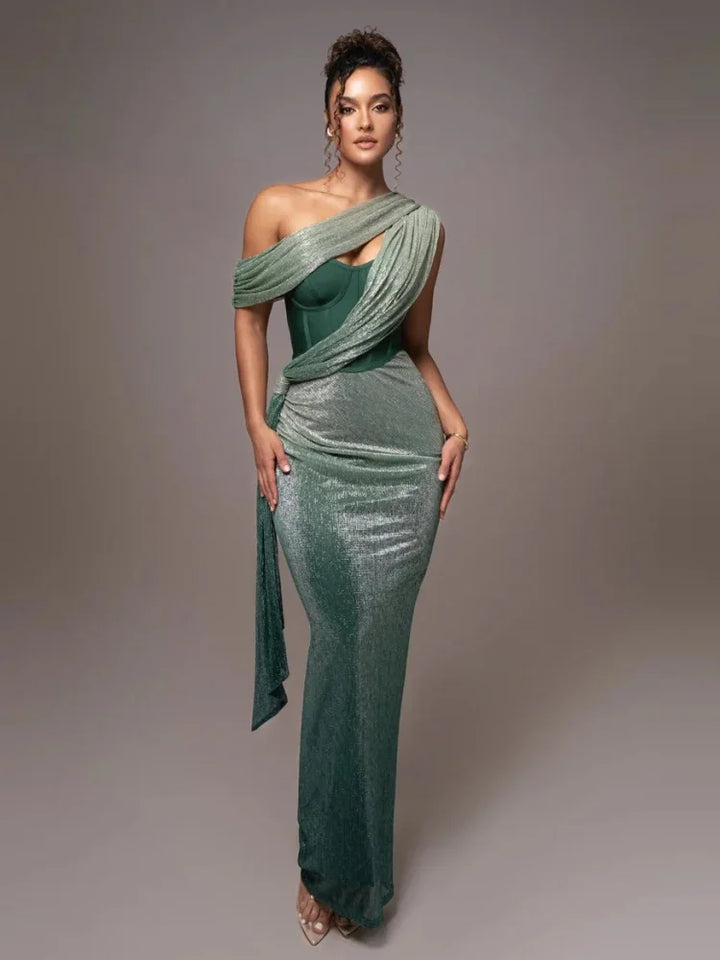 Selma | Dame One Shoulder Aftenkjole med Metallic Finish