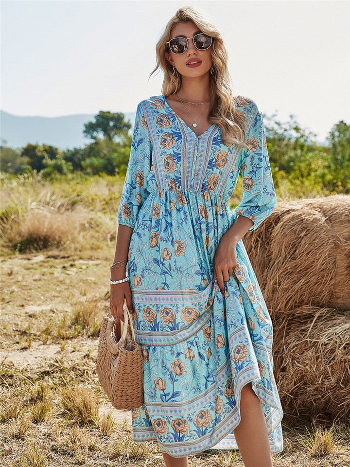 Filippa | Dame Midikjole Sommer Blomsterprint 3/4 Ærmer V-Hals