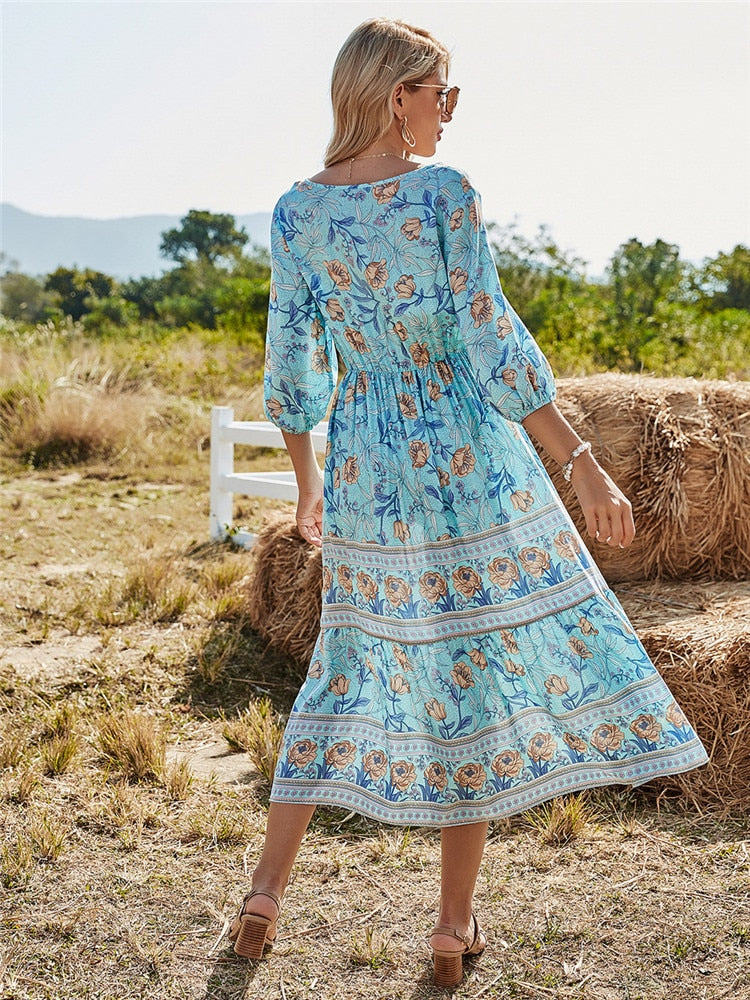 Filippa | Dame Midikjole Sommer Blomsterprint 3/4 Ærmer V-Hals