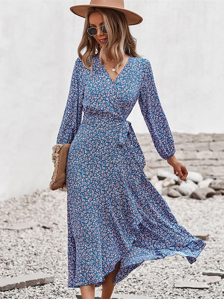 Gudrun | Dame Midikjole Sommer Blomsterprint V-Hals Bindebånd