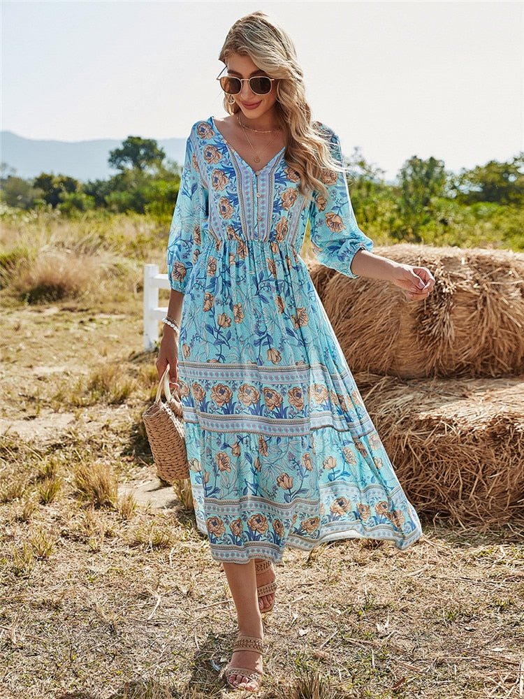 Filippa | Dame Midikjole Sommer Blomsterprint 3/4 Ærmer V-Hals