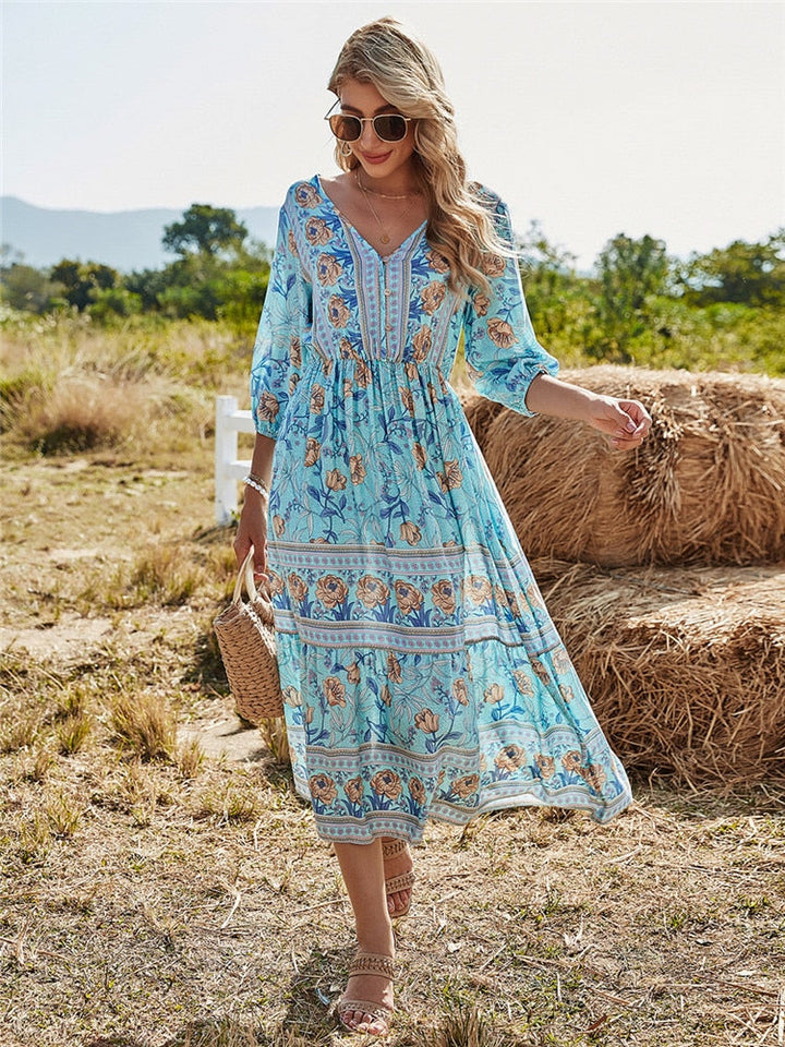 Filippa | Dame Midikjole Sommer Blomsterprint 3/4 Ærmer V-Hals