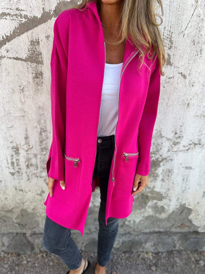 Lene | Dame Lang Strikket Cardigan Med Lynlås Og Lommer