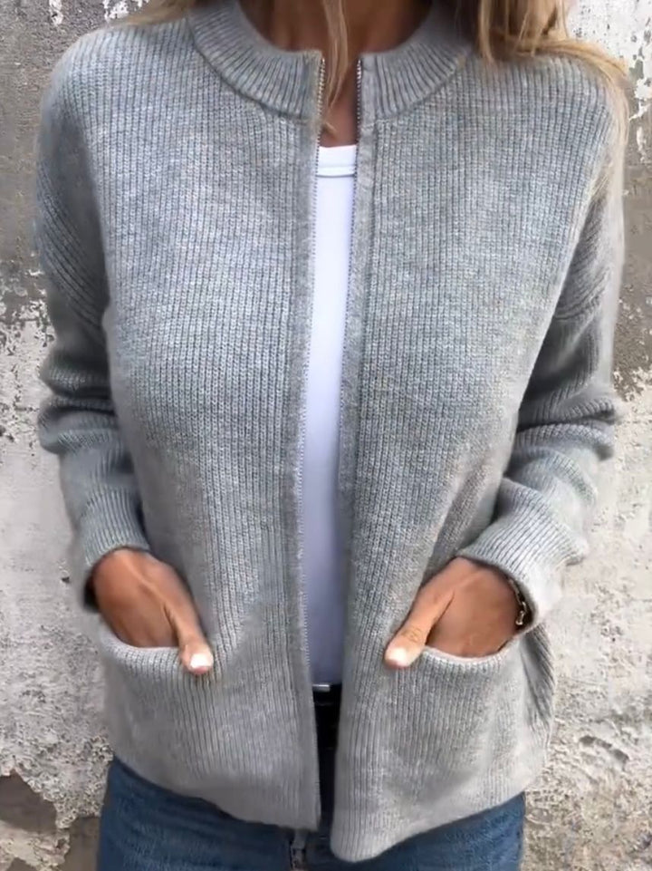 Lene | Dame Strikket Cardigan Med Lynlås Og Frontlommer