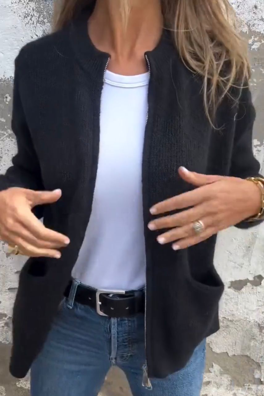 Lene | Dame Strikket Cardigan Med Lynlås Og Frontlommer