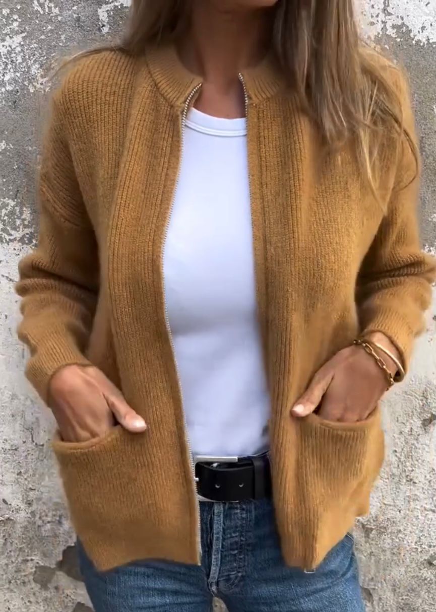 Lene | Dame Strikket Cardigan Med Lynlås Og Frontlommer