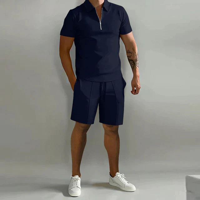 Jens | Herre Sæt Sommer Polo Shorts Lynlås Snøre