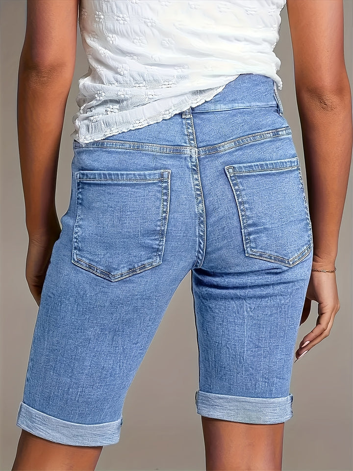 Lene | Dame Højtaljede Denim Bermudashorts Med Opslag Og Lommer