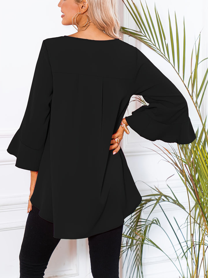 Vibeke | Dame Løs Bluse Med Peplum Kant Og Flæseærmer