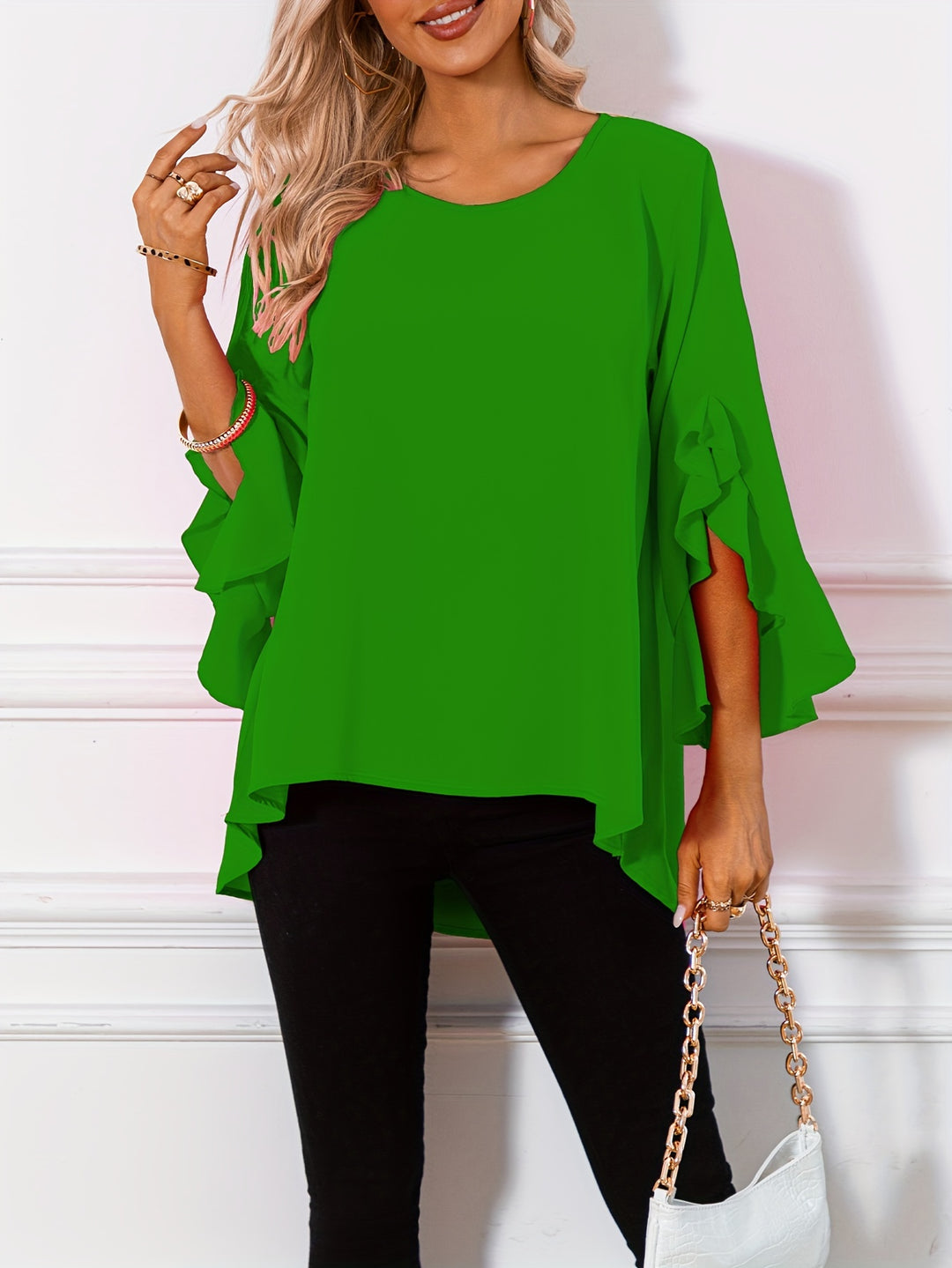 Vibeke | Dame Løs Bluse Med Peplum Kant Og Flæseærmer
