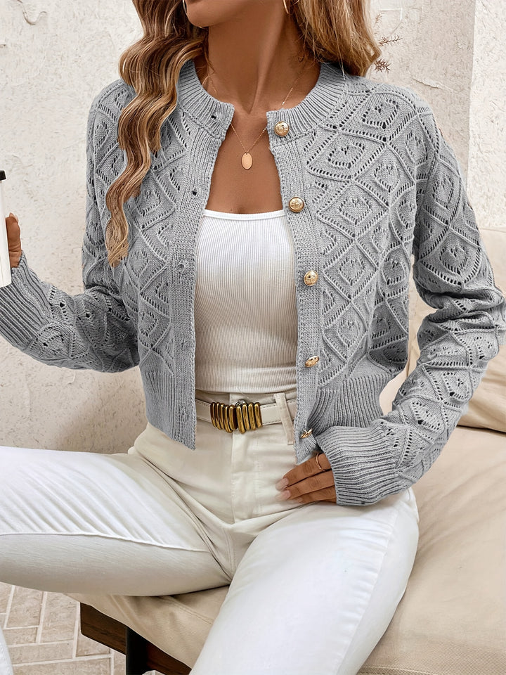 Emilie | Dame Cropped Knit Cardigan Med Rund Hals Og Knaplukning