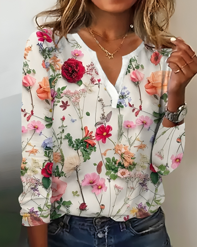 Inge | Dame Skjorte Forår Blomsterprint V-Hals Lange Ærmer