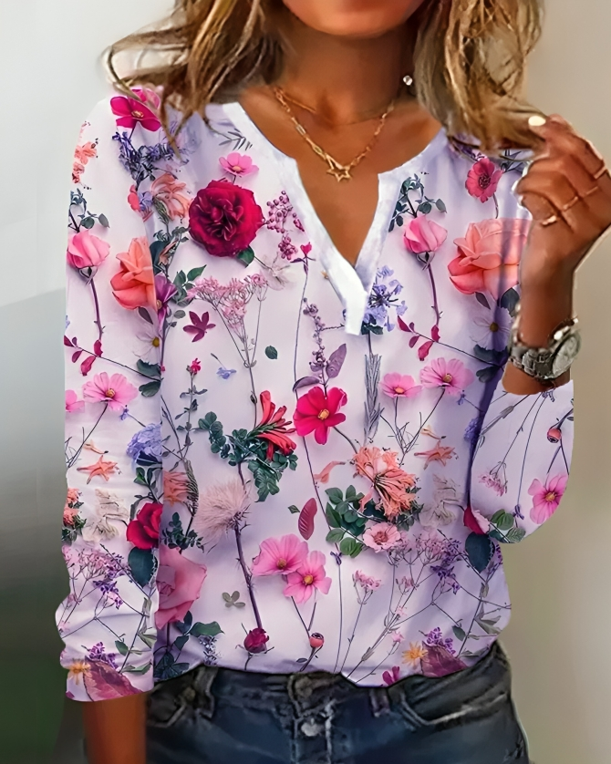 Inge | Dame Skjorte Forår Blomsterprint V-Hals Lange Ærmer