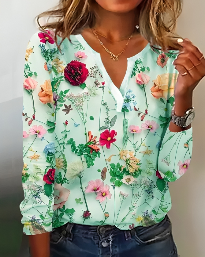 Inge | Dame Skjorte Forår Blomsterprint V-Hals Lange Ærmer