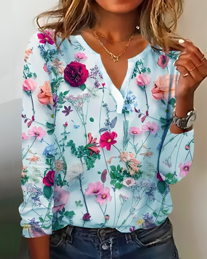 Inge | Dame Skjorte Forår Blomsterprint V-Hals Lange Ærmer