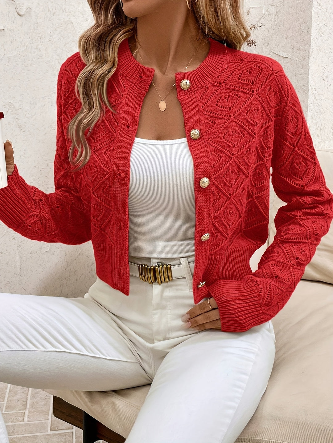 Emilie | Dame Cropped Knit Cardigan Med Rund Hals Og Knaplukning