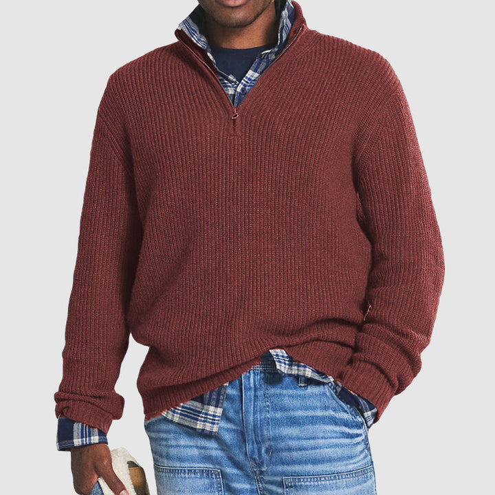 Lars | Herre Ribstrikket Sweater Med Kvart Lynlås Og Høj Krave