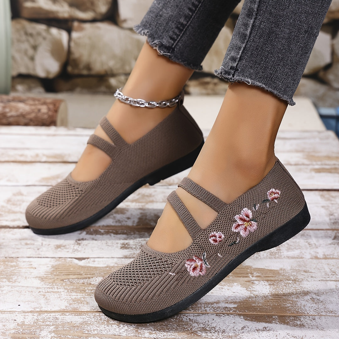 Agnete | Dame Ballet Flat Sko Med Blomsterbroderi Og Masketekstur