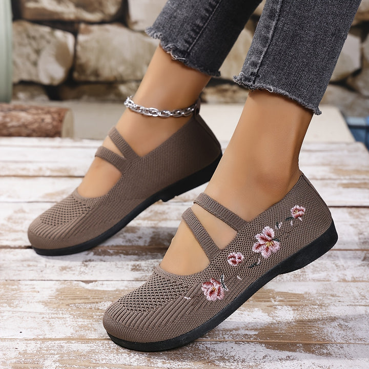Agnete | Dame Ballet Flat Sko Med Blomsterbroderi Og Masketekstur