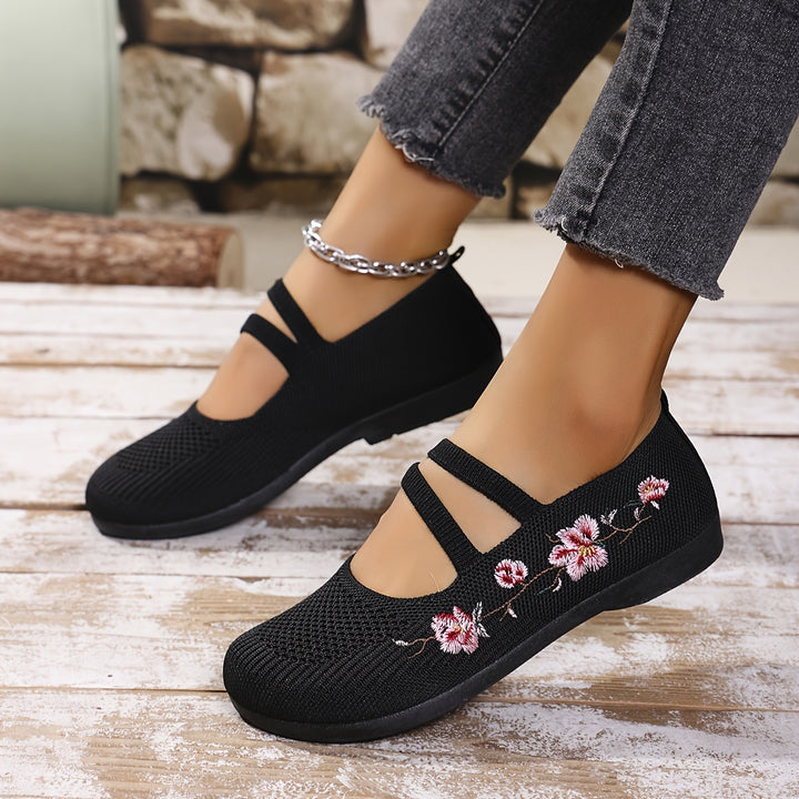 Agnete | Dame Ballet Flat Sko Med Blomsterbroderi Og Masketekstur