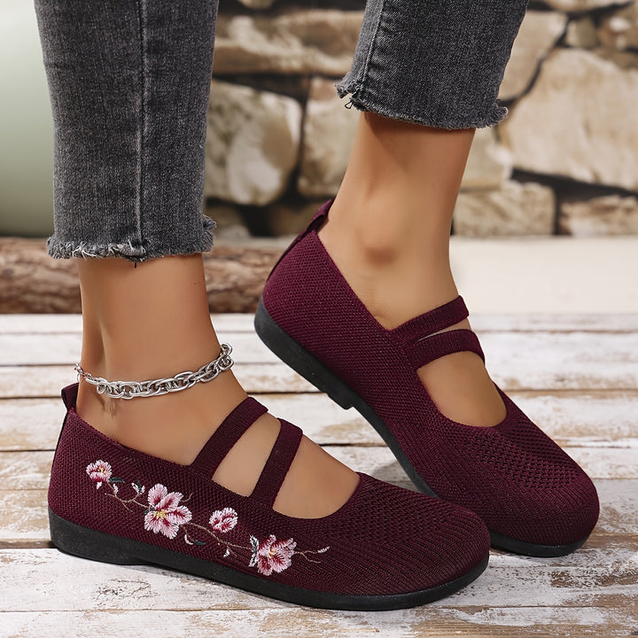 Agnete | Dame Ballet Flat Sko Med Blomsterbroderi Og Masketekstur