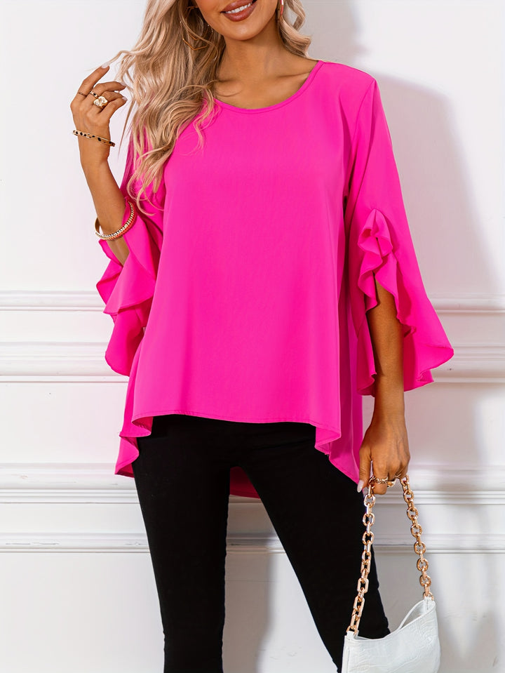 Vibeke | Dame Løs Bluse Med Peplum Kant Og Flæseærmer