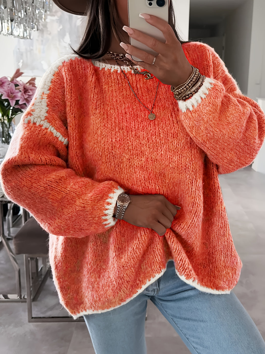 Anette | Dame Løstsiddende Sweater Med Bådudskæring Og Kontrasterende Detaljer
