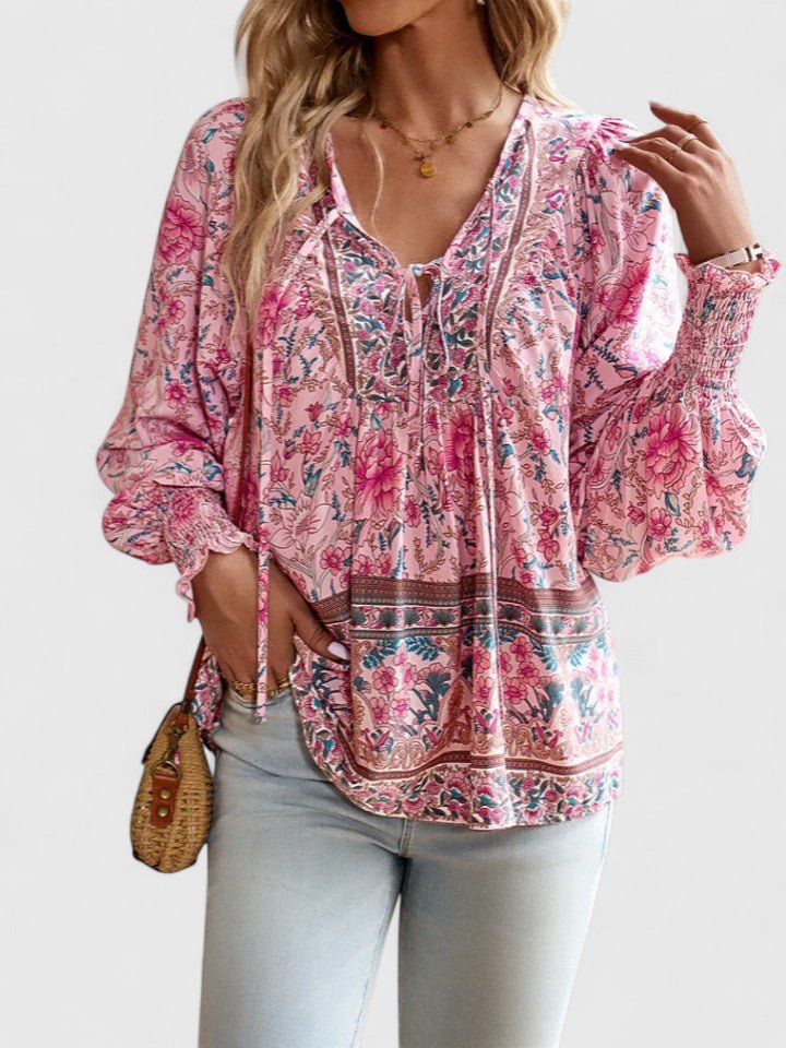 Freja | Dame Hør Boho Bluse Med Blomsterprint Og Pufærmer
