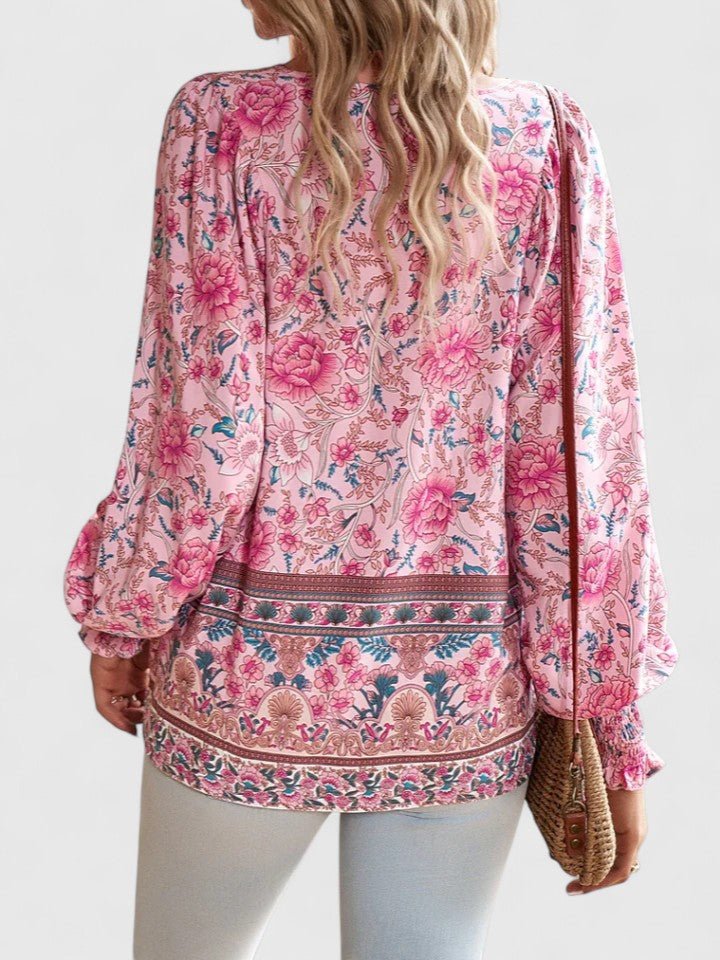 Freja | Dame Hør Boho Bluse Med Blomsterprint Og Pufærmer