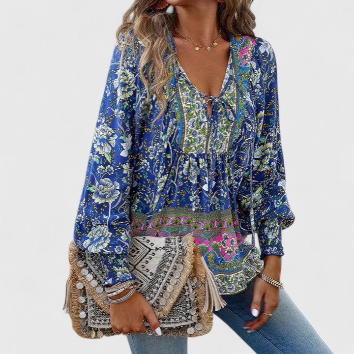 Freja | Dame Hør Boho Bluse Med Blomsterprint Og Pufærmer