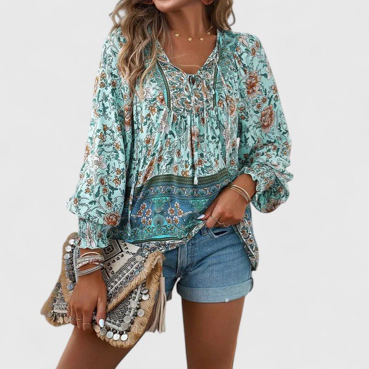 Freja | Dame Hør Boho Bluse Med Blomsterprint Og Pufærmer
