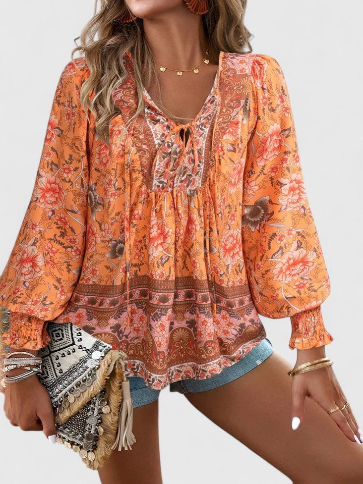 Freja | Dame Hør Boho Bluse Med Blomsterprint Og Pufærmer