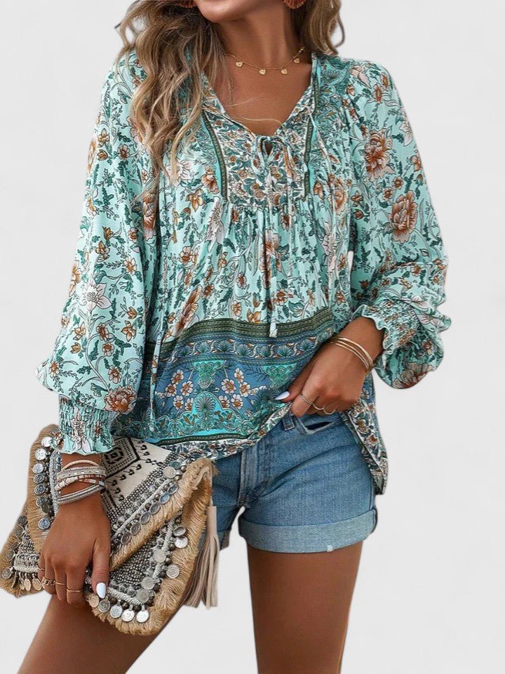 Freja | Dame Hør Boho Bluse Med Blomsterprint Og Pufærmer