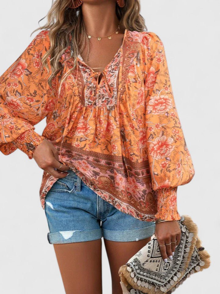 Freja | Dame Hør Boho Bluse Med Blomsterprint Og Pufærmer