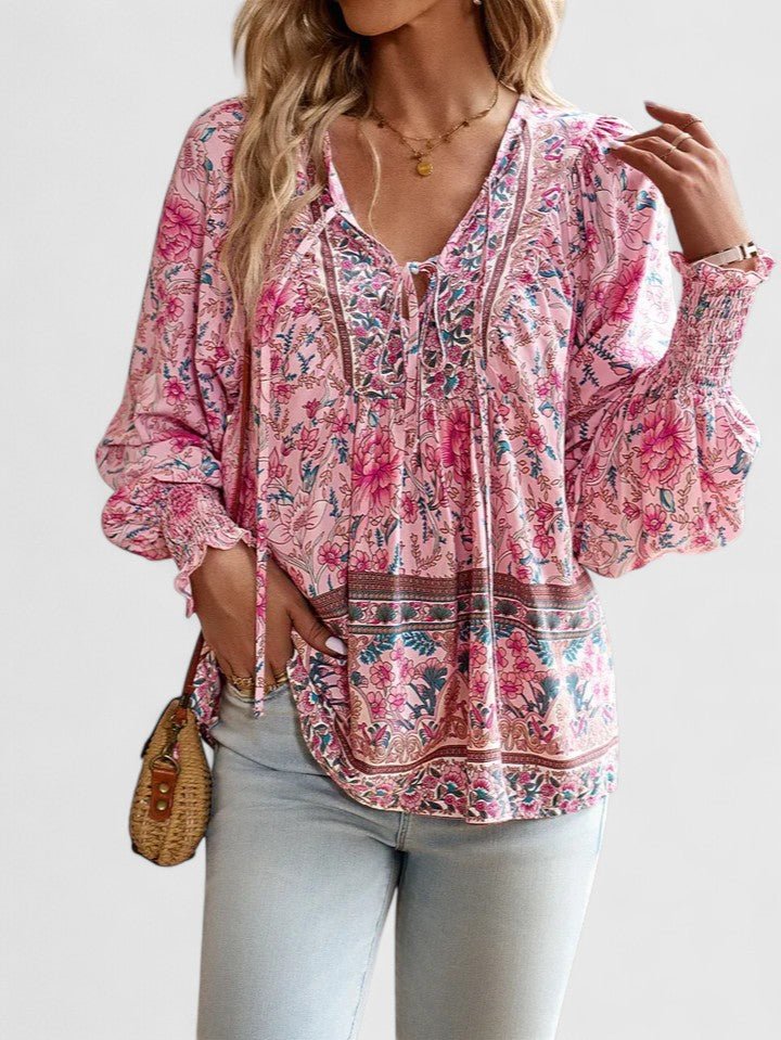 Freja | Dame Hør Boho Bluse Med Blomsterprint Og Pufærmer
